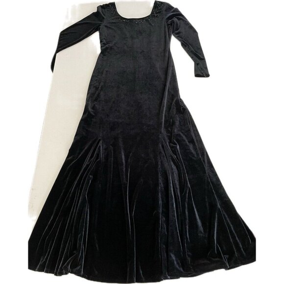 Vintage Y2K Black Stretch Velvet Bodycon Gothic Beaded Maxi Formal Dress Size 4P - Picture 1 of 11